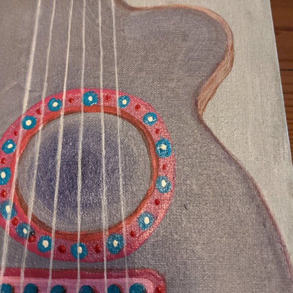 ORIGINAL Acrylic Painting 10" x 12" GUITAR on Canvas SIGNED tlp Gray Red Pink - Picture 6 of 8
